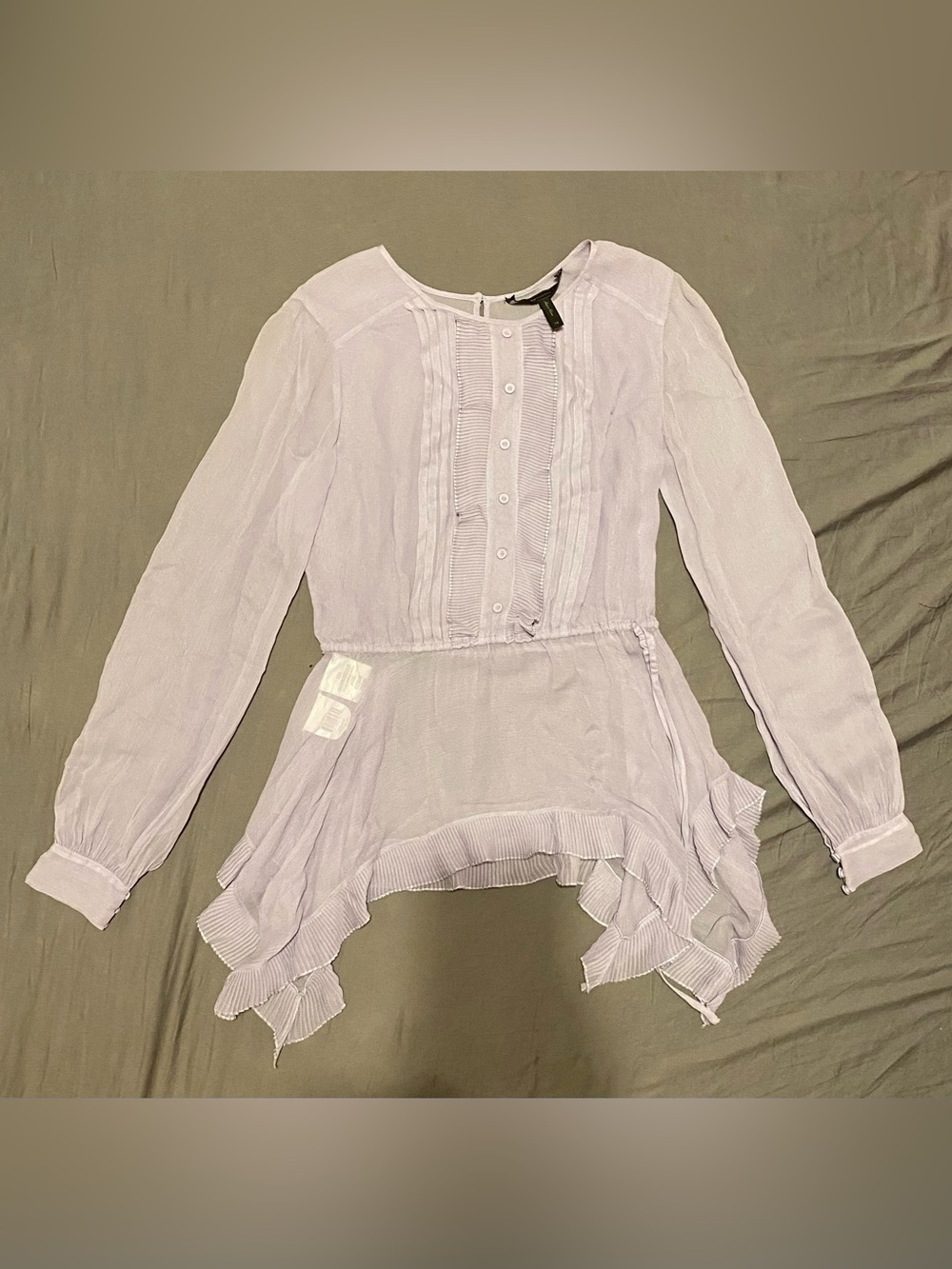 BCBGMAXAZRIA lilac sheer silk ruffle tunic blouse, long sleeve/ buttons, size XS
